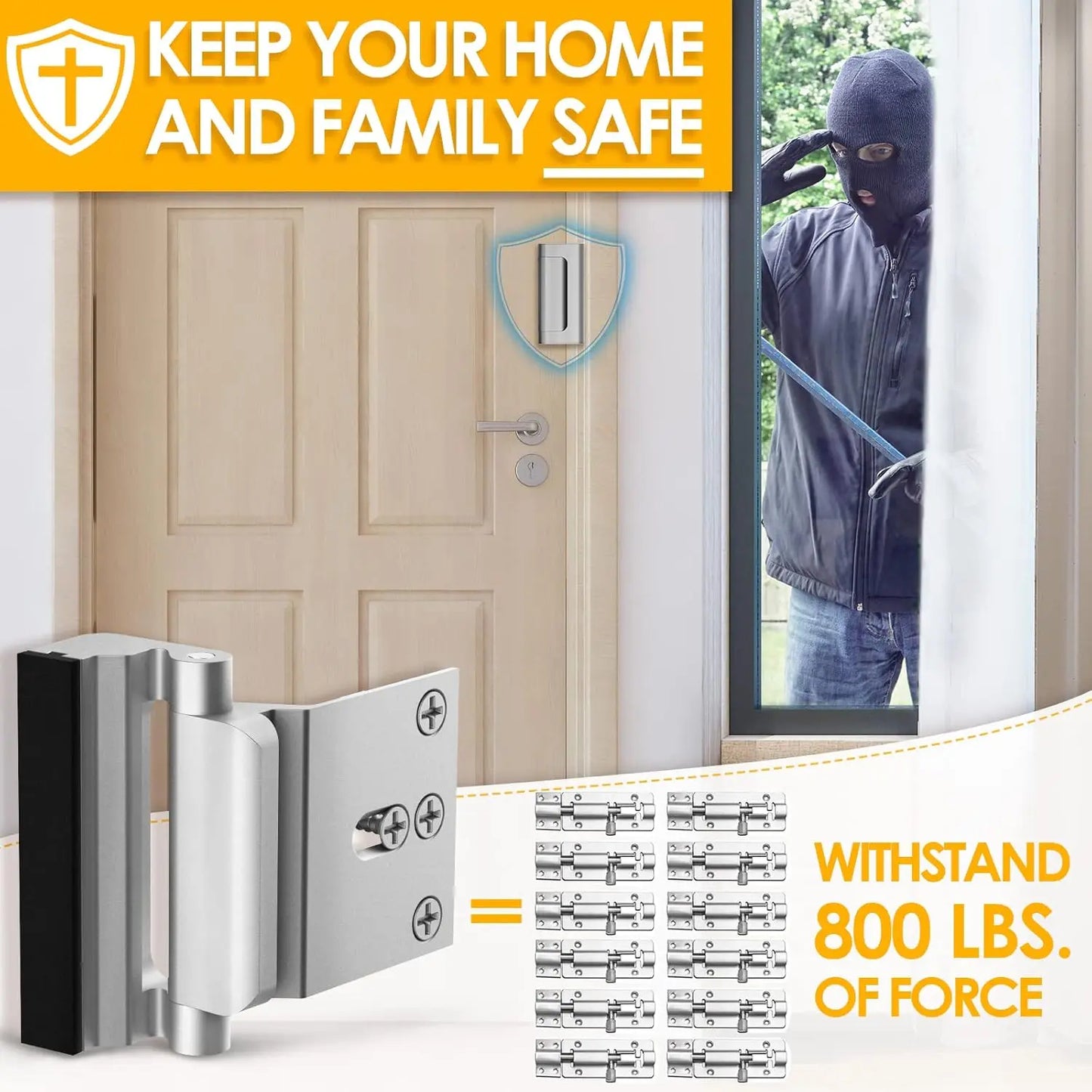 Aluminium Door Locks (2 Pack) - 800 lbs Withstand Force for Inward Swinging Doors, 3.1"l x 2.6"w x 1.3"h Reinforcement Locks, 4 Screws for Unauthorized Entry Prevention, Easy Installation